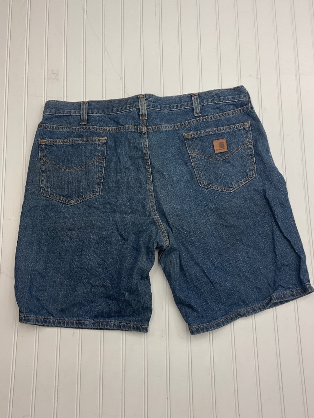 VTG Carhartt Dark Denim Jean Carpenter Shorts Jorts Leather Patch B28 Mens Sz 42